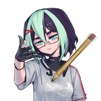 1girl black_gloves blue_eyes breasts closed_mouth gloves grey_shirt highres meme multicolored_hair original phantom_ix_row semi-rimless_eyewear shirt short_sleeves simple_background small_breasts solo two-tone_hair upper_body white_background woe_plague_be_upon_ye_(meme)