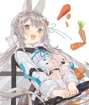 1girl animal_ears arknights carrot commentary highres holding long_hair long_sleeves orange_eyes rabbit_ears rabbit_girl round_teeth simple_background solo teeth twintails upper_teeth_only very_long_hair warmy_(arknights) watermark white_background yayoripain