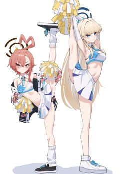 2girls ahoge alternate_costume arm_warmers armpits arms_up bare_shoulders black_shoes blonde_hair blue_archive blue_eyes blue_halo blush braid breasts cheerleader cleavage commentary_request flat_chest flexible full_body hair_intakes halo hands_up heart heart_ahoge highres holding holding_own_leg holding_pom_poms huge_ahoge jacket kamiyamatokino kneehighs leg_lift long_hair looking_at_viewer midriff millennium_cheerleader_outfit_(blue_archive) miniskirt mole mole_under_eye multiple_girls navel neru_(blue_archive) open_clothes open_jacket orange_hair pleated_skirt pom_pom_(cheerleading) pom_poms red_eyes shoes short_hair simple_background single_braid skirt small_breasts socks split standing standing_on_one_leg standing_split sukajan toki_(blue_archive) white_arm_warmers white_background white_shoes white_skirt white_socks