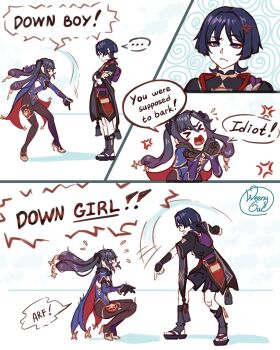 &gt;_&lt; 1boy 1girl anger_vein annoyed armor artist_name black_bow black_gloves black_hair black_kimono black_pantyhose black_sandals black_shorts black_sleeves blue_cape blue_leotard blue_trim blunt_bangs blunt_ends blush_stickers bow bridal_legwear bright_pupils cape clenched_hands closed_eyes crossed_arms detached_sleeves down_boy!!_(meme) elbow_gloves english_text eyeliner eyeshadow flying_sweatdrops fur_collar furisode genshin_impact gloves gold gold_shoes gradient_hair hair_between_eyes hair_bow hands_up high_heels highleg highleg_leotard highres japanese_armor japanese_clothes jewelry juban kimono kote kurokote leotard long_hair looking_at_another makeup mandarin_collar meme mona_(genshin_impact) motion_lines multicolored_hair neck_ring o-ring open_mouth pantyhose parted_bangs pointing pointing_down purple_bag purple_eyes purple_hair purple_rope purple_sash purple_sleeves red_cape red_eyeliner red_eyeshadow red_kimono red_sash role_reversal rope sandals sash scaramouche_(genshin_impact) shimenawa shoes shorts speech_bubble squatting standing star_ornament stirrup_legwear streaked_hair tassel thighlet toeless_legwear twintails two-sided_cape two-sided_fabric weenyowl white_kimono white_pupils white_rope wispy_bangs zouri