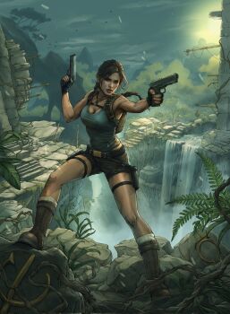1girl 3d aqua_tank_top asymmetrical_bangs backpack bag belt bird boots braid breasts brown_hair brown_shorts cleavage cliff cloud cloudy_sky facing_to_the_side fingerless_gloves full_body gloves gun handgun highres holding holding_gun holding_weapon holster illyne_cosplay jewelry jungle lara_croft leg_up leg_wrap lips looking_to_the_side mountain nature necklace outdoors plant scowl shorts signature single_braid sky solo solo_focus sun tank_top thigh_holster tomb_raider toned vines water waterfall weapon