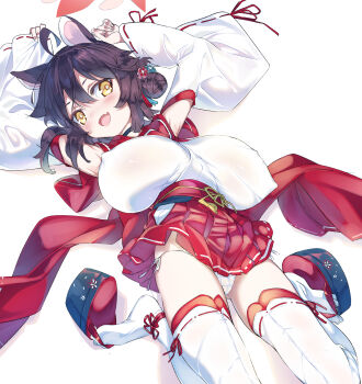 1girl :d ahoge animal_ears armpits arms_up black_hair blue_archive breasts commentary covered_erect_nipples detached_sleeves fang hair_between_eyes hair_bun hakama highres impossible_clothes japanese_clothes kaede_(blue_archive) large_breasts long_sleeves looking_at_viewer niko_(tama) okobo open_mouth oppai_loli panties platform_sandals platform_shoes red_hakama sandals side-tie_panties skin_fang smile solo thighhighs underwear white_panties white_sleeves white_thighhighs wide_sleeves yellow_eyes
