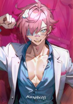 1boy abs absurdres ahoge artist_name bandaid bandaid_on_cheek bandaid_on_face bandaid_on_nose baseball_bat blue_eyes blue_shirt earrings eyepatch fang hair_ornament hairclip highres holding holding_baseball_bat jacket jewelry liquid looking_at_viewer male_focus muscular muscular_male open_clothes open_jacket open_mouth original parted_bangs partially_unbuttoned pectoral_cleavage pectorals pink_hair sharp_teeth shirt short_hair smile solo star_(symbol) star_earrings teeth upper_body white_jacket yunny_(cureyunny)