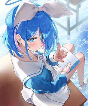 1girl arona_(blue_archive) blue_archive blue_eyes blue_hair blue_halo blue_shirt blush bow braid collar commentary_request desk envelope hair_bow halo highres index_finger_raised long_sleeves miruto_netsuki multicolored_hair neckerchief on_desk pink_hair recruitment_(blue_archive) sailor_collar school_desk school_uniform serafuku shirt shoes short_hair single_braid sitting skirt solo v-shaped_eyebrows water white_bow white_collar white_neckerchief white_sailor_collar white_shoes white_skirt