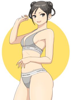1girl black_hair bra braid brand_name_imitation breasts calvin_klein capcom chun-li clothes_writing commentary_request double_bun green_nails grey_bra grey_hair grey_panties grey_sports_panties hair_bun highres medium_breasts nail_polish panties revision shigenobu short_hair smile solo sports_panties standing street_fighter thick_thighs thighs twin_braids two-tone_background underwear underwear_only underwear_writing
