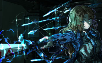 1girl armor belt black_shirt blood blood_on_face bloody_weapon blue_coat blue_eyes blue_necktie breastplate brown_hair closed_mouth coat collared_shirt constellation e.g.o_(project_moon) ehdbs1198 eyes_visible_through_hair holding holding_sword holding_weapon limbus_company long_hair long_sleeves looking_at_viewer necktie project_moon rapier rodion_(project_moon) shirt solo sparkle sword teardrop_facial_mark the_sword_sharpened_with_tears_(e.g.o) weapon