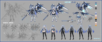 1girl absurdres armored_boots black_bodysuit black_gloves black_thighhighs blue_eyes blue_hair blue_leotard bodysuit boots breasts color_guide elbow_gloves finger_on_trigger from_behind full_body gloves gradient_hair grey_background gu_ling_yu gun halo high_heels highres holding holding_gun holding_weapon latex latex_bodysuit leotard long_hair looking_at_viewer mask mecha_musume mechanical_halo mechanical_spine mechanical_wings mouth_mask multicolored_hair multiple_views original reference_sheet respirator rifle small_breasts thighhighs twintails two-tone_hair very_long_hair weapon wings
