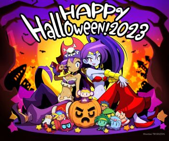 2023 2girls artist_request bolo_(shantae) breasts character_doll cleavage colored_skin cosplay costume_switch dark-skinned_female dark_skin doll grey_skin halloween happy_halloween hat jack-o&#039;-lantern medium_breasts multiple_girls official_art pirate_hat ponytail purple_hair risky_boots rottytops shantae shantae_(series) side_ponytail sitting sky_(shantae) tinkerbat v voice_actor_connection
