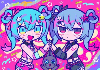2girls :d bare_shoulders black_nails black_shirt black_shorts blue_eyes blue_hair blush cat closed_mouth commentary cowboy_shot cropped_shirt deco_miku deco_miku_(darkness) dot_nose double-parted_bangs dual_persona fishnet_pantyhose fishnets grey_eyes guest_art hair_between_eyes hair_rings hatsune_miku highres holding_hands long_hair looking_at_viewer midriff multicolored_eyes multiple_girls nail_polish navel neenya_(deco27) open_mouth pantyhose pink_nails pink_shirt pink_shorts red_eyes shirt shorts shoulder_tattoo sleeveless sleeveless_shirt smile star_(symbol) tattoo terada_tera twintails vocaloid yellow_eyes
