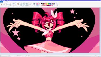 1girl art_program_in_frame catmintnepetas closed_eyes dress drill_hair hair_ribbon hashtag-only_commentary highres kasane_teto microsoft_paint_(medium) open_mouth outstretched_arms ribbon spoken_for_(synthesizer_v) star_(symbol) twin_drills utau