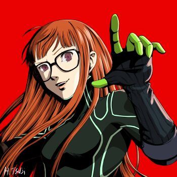1girl :d artist_name black-framed_eyewear bodysuit breasts brown_hair glasses hayatetsujimoto highres long_hair open_mouth oracle_(persona_5) persona persona_5 purple_eyes red_background sakura_futaba simple_background small_breasts smile solo straight_hair upper_body very_long_hair