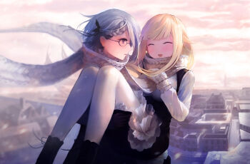 Rule 34 | 2girls, ange (princess principal), blonde hair, blurry, blurry background, blush, braid, carrying, chinese commentary, cityscape, closed eyes, commentary request, facing viewer, frilled skirt, frills, glasses, grey hair, looking at another, mittens, muike, multiple girls, outdoors, pantyhose, photoshop (medium), princess (princess principal), princess carry, princess principal, revision, rooftop, scarf, school uniform, skirt, standing, yuri