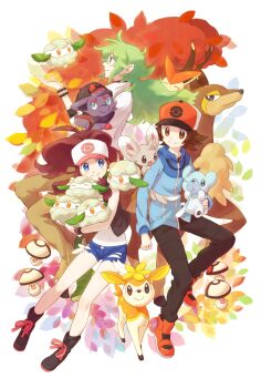 1girl 2boys animal_ears antlers baseball_cap blue_eyes blue_jacket boots brown_eyes brown_hair closed_eyes clothed_pokemon cottonee cubchoo deer_ears deerling deerling_(autumn) denim denim_shorts exposed_pocket foongus gen_5_pokemon green_hair grey_eyes hat highres hilbert_(pokemon) hilda_(pokemon) holding holding_pokemon horns jacket legendary_pokemon minccino multiple_boys mythical_pokemon n_(pokemon) nintendo pokemon pokemon_(creature) pokemon_bw ponytail red_footwear sawsbuck sawsbuck_(autumn) shorts smile victini yukigi zorua