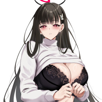 1girl black_bra black_hair black_halo blue_archive blunt_bangs blush bra breasts bright_pupils cleavage clothes_lift hair_ornament hair_over_shoulder hairclip halo highres kyogoku_shin large_breasts long_hair looking_at_viewer multicolored_halo parted_lips red_eyes revision rio_(blue_archive) simple_background solo sweater sweater_lift turtleneck turtleneck_sweater twiddling_fingers two-tone_halo underwear upper_body very_long_hair white_background white_pupils white_sweater