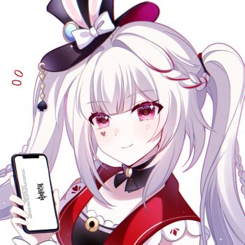 1girl black_hat breasts capelet chinese_commentary commentary_request facial_mark hat heart heart_facial_mark highres holding holding_phone honkai:_star_rail honkai_(series) long_hair looking_at_viewer phone playing_games purple_eyes red_capelet simple_background small_breasts smile solo sparkle_(honkai:_star_rail) sparxie_(honkai:_star_rail) su_jiujiu top_hat twintails upper_body very_long_hair white_background white_hair