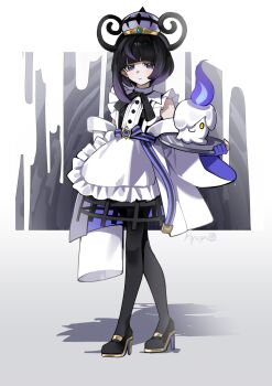 1girl alternate_costume apron artist_name belt belt_buckle black_belt black_dress black_hair black_pantyhose black_shoes blush bob_cut buckle closed_mouth coat dress full_body gen_5_pokemon gloves gradient_hair gwynn_(pokemon) hat high_heels highres holding holding_tray litwick long_sleeves looking_at_viewer maid maid_apron multicolored_hair myuga66666 nintendo o-ring o-ring_belt off_shoulder open_clothes open_coat pantyhose partially_fingerless_gloves pokemon pokemon_(creature) pokemon_legends:_z-a purple_belt purple_eyes purple_gloves purple_hair shoes short_hair standing tray two-tone_belt white_coat wide_sleeves