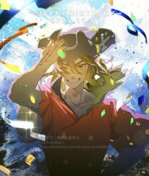 1boy blonde_hair confetti dated dr._stone hand_tattoo happy_birthday hat highres looking_at_viewer male_focus nanami_ryuusui one_eye_closed pirate_hat shirt smile solo tattoo uoo_dcst_oo upper_body