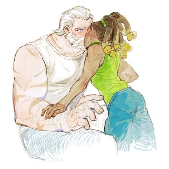 2boys bare_shoulders blue_eyes blue_pants blush collarbone commentary_request cropped_legs dark-skinned_male dark_skin dreadlocks facial_hair fri_im green_tank_top hair_slicked_back hand_on_another&#039;s_arm interracial kiss korean_commentary lucio_(overwatch) male_focus multiple_boys multiple_scars mutton_chops overwatch pants reinhardt_(overwatch) scar scar_on_arm simple_background sitting sleeveless tank_top white_background white_hair white_tank_top yaoi