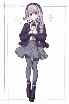 1girl black_hairband black_jacket black_shoes braid collared_shirt commentary_request full_body grey_hair grey_pantyhose grey_skirt hairband highres interlocked_fingers jacket kirifuji_nozomi light_blush long_hair looking_at_viewer neck_ribbon okura_0915 open_clothes open_jacket own_hands_together pantyhose purple_eyes ribbon shirt shoes skirt smile solo sparkle the_hundred_line_-last_defense_academy- white_background white_shirt