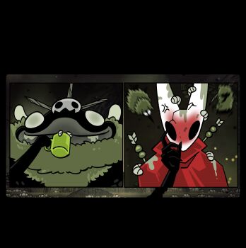 1girl absurdres angry arrow_(projectile) arthropod_girl black_skin chun_grandfa cloak colored_skin cup drinking facing_viewer frog groal_the_great_(hollow_knight:_silksong) highres hollow_eyes hollow_knight hollow_knight:_silksong horned_mask hornet_(hollow_knight) horns leech mask red_cloak video_call weapon white_eyes white_mask wings