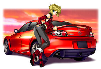 1girl ass bare_shoulders black_pants blonde_hair blue_eyes boots cameltoe car denim detached_sleeves dusk female_focus green_eyes hand_on_own_hip jeans leaning_forward looking_back mazda mazda_rx-8 motor_vehicle original pants short_hair solo sunset uguisu_kagura