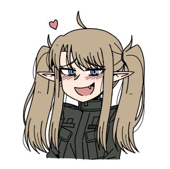 1girl ahoge blue_eyes brown_hair elf fang heart karepack long_hair military_uniform open_mouth original pointy_ears sidelocks simple_background solo twintails white_background yi_jina