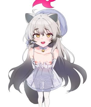 1girl absurdres ahoge animal_ears bare_shoulders bell blue_archive breasts brown_eyes choker collarbone dress elbow_gloves fang feet_out_of_frame from_above gloves grey_hair grey_hat hair_between_eyes halo hat highres jingle_bell loli long_hair looking_at_viewer looking_up michiru_(blue_archive) michiru_(dress)_(blue_archive) neck_bell nipples open_mouth pantyhose qualthis raccoon_ears raccoon_girl raccoon_tail see-through_clothes see-through_dress short_eyebrows simple_background small_breasts solo standing tail thick_eyebrows very_long_hair white_background white_choker white_dress white_gloves white_pantyhose