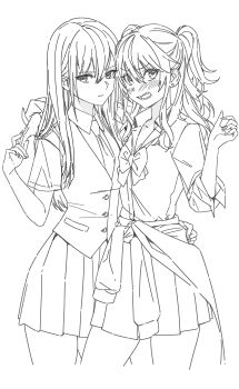 2girls absurdres aihara_academy_school_uniform aihara_mei aihara_yuzu black_hair blonde_hair blush breasts citrus_(saburouta) closed_mouth clothes_around_waist commentary drive_shot ear_blush earrings highres jewelry long_hair looking_at_viewer medium_breasts monochrome multiple_girls open_mouth school_uniform shirt siblings simple_background sisters skirt step-siblings sweater sweater_around_waist symbol-only_commentary white_background wife_and_wife yuri