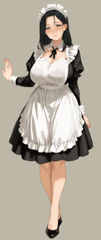 1girl apron black_dress black_hair black_shoes blush breasts brown_eyes dress full_body grey_background large_breasts long_hair looking_at_viewer maid maid_apron maid_headdress miyabinp original shoes simple_background solo standing