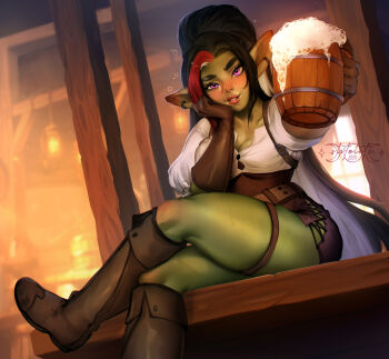 1girl absurdres alcohol angy_(sasha_khmel) beer_mug black_hair blush boots brown_boots brown_gloves brown_skirt colored_skin crossed_legs cup earrings female_goblin gloves goblin green_skin highres indoors jewelry long_hair looking_at_viewer mug multicolored_hair original parted_lips pointy_ears purple_eyes red_hair shirt shtolets signature sitting sitting_on_table skirt smile solo tavern thigh_strap white_hair white_shirt