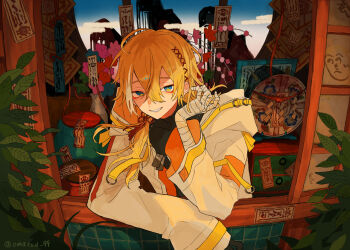1boy ahoge androgynous aqua_eyes architecture arm_rest artist_name bandaged_hand bandages bishounen black_shirt blonde_hair chinese_knot coat commission double-parted_bangs east_asian_architecture eyeliner fisheye flower_knot grin hair_between_eyes hair_ornament hair_over_shoulder half-closed_eyes hand_up hood hood_down hooded_coat jewelry light_smile long_hair looking_at_viewer makeup male_focus multicolored_eyes multicolored_hair necklace omatsu_99 original parted_lips pendant plant ponytail red_eyeliner second-party_source shirt single_sleeve_past_fingers skeb_commission smile solo streaked_hair talisman tassel tassel_hair_ornament through_window turtleneck turtleneck_shirt two-tone_eyes upper_body white_coat white_hair x_hair_ornament yellow_eyes