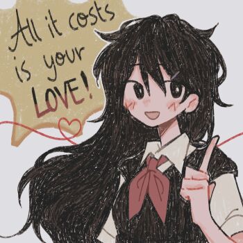 1girl black_eyes black_hair black_sweater_vest blush bright_pupils cherim1ichu collared_shirt double-parted_bangs english_text hair_between_eyes highres index_finger_raised long_hair looking_at_viewer mari_(faraway)_(omori) mari_(omori) omori open_mouth shirt short_sleeves smile solo sweater_vest white_pupils white_shirt