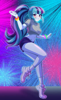Rule 34 | 1girl, :d, absurdres, alternate costume, ankle socks, bare arms, bare legs, big hair, blue background, blue eyeshadow, blue outline, blush, bracelet, breasts, collarbone, colored skin, commentary, commission, crop top, crop top overhang, cropped hoodie, equestria girls: rainbow rocks, eyes visible through hair, eyeshadow, fingernails, from below, full body, fur-trimmed shorts, fur trim, grey hoodie, grey skin, grin, hair tie, hands up, high ponytail, highres, hood, hood down, hoodie, jewelry, long hair, looking at viewer, makeup, medium breasts, midriff, multicolored hair, multiple bracelets, my little pony, my little pony: equestria girls, my little pony: friendship is magic, navel, open mouth, outline, pink background, pink eyes, plantar flexion, ponytail, purple hair, purple shorts, raised eyebrows, riley av, shoelaces, shoes, short shorts, short sleeves, shorts, sidelocks, simple background, smile, sneakers, socks, solo, sonata dusk, sonata dusk (human), standing, standing on one leg, streaked hair, thick eyelashes, tsurime, two-tone hair, untranslatable commentary, v-bangs, very long hair, white shoes, white socks