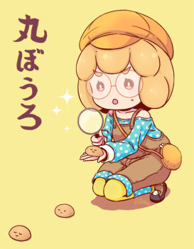 Rule 34 | 1girl, :o, bag, blue shirt, blue socks, brown overalls, commentary request, handbag, holding, holding magnifying glass, long sleeves, magnifying glass, marubouro, mizuki maya, object and personification, off-shoulder shirt, off shoulder, open mouth, orange-framed eyewear, orange bag, orange hair, original, overall shorts, overalls, pantyhose, polka dot, polka dot shirt, polka dot socks, shirt, short hair, signature, socks, solo, sparkle, squatting, sweatdrop, thick eyebrows, v-shaped eyebrows, yellow pantyhose