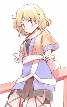 1girl against_railing arm_warmers arms_behind_back black_dress blonde_hair blue_skirt blush commentary_request cowboy_shot dress green_eyes jacket light_frown mizuhashi_parsee orange_jacket parsee_day pointy_ears railing rangycrow scarf short_hair sideways_glance skirt solo touhou white_scarf yellow_background