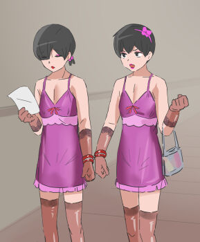 Rule 34 | 2boys, bag, black eyes, black hair, bow, brown gloves, closed eyes, crossdressing, cuffs, dress, elbow carry, eyeshadow, gloves, hairband, handbag, handcuffs, holding, holding bag, holding paper, indoors, lace, lace-trimmed gloves, lace-trimmed thighhighs, lace trim, lipstick, makeup, male focus, multiple boys, paper, pink bow, pink hairband, pink lips, raitaroo, sex slave, short hair, slave, standing, thighhighs, trap