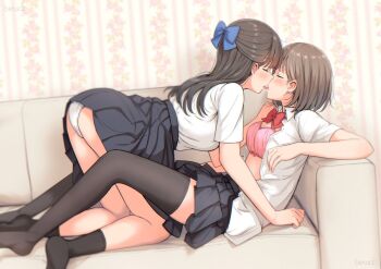 Rule 34 | 2girls, artist name, betock, black hair, black skirt, black socks, black thighhighs, blue bow, bow, bowtie, bra, breasts, brown hair, closed eyes, commentary request, couch, french kiss, hair bow, half updo, kiss, long hair, medium breasts, multiple girls, no shoes, on couch, open mouth, original, panties, pink bra, pleated skirt, red bow, red bowtie, school uniform, shirt, shirt tucked in, short hair, short sleeves, skirt, socks, spot color, sweat, thighhighs, tongue, tongue out, underwear, white panties, white shirt, yuri