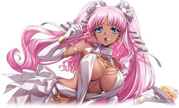 1girl bare_shoulders blue_eyes breasts cake catherine_sabathra code_geass code_geass:_dakkan_no_roze code_geass:_lost_stories dark-skinned_female dark_skin earrings elbow_gloves f4samurai food gloves highres holding holding_cake holding_food jewelry large_breasts long_hair official_art open_mouth pink_hair simple_background solo transparent_background twintails white_gloves