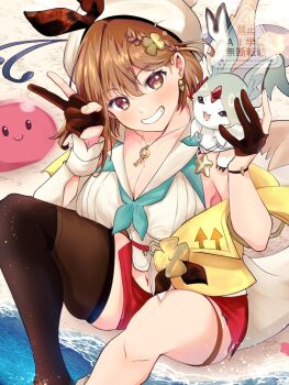 Rule 34 | 1girl, atelier (series), atelier ryza, black gloves, black ribbon, black thighhighs, blush, breasts, brown eyes, brown hair, cleavage, commentary request, gloves, hair ribbon, hat, highres, large breasts, parted lips, red shorts, reisalin stout, ribbon, shirt, shorts, single thighhigh, smile, snowstar, solo focus, thighhighs, v, vest, white hat, white shirt, yellow vest