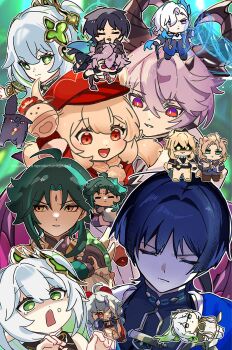 4girls 5boys 8ajaj8 ahoge aiming albedo_(genshin_impact) aqua_halo arm_at_side arrow_(projectile) ascot asymmetrical_bangs bare_shoulders behind_another black_bodysuit black_capelet black_cat black_gloves black_hair black_horns black_shirt black_shorts black_tail blank_eyes blonde_hair blue_cape blue_coat blue_hair blunt_ends bodystocking bodysuit boots bow_(weapon) bracelet bright_pupils brown_boots brown_scarf cane cape capelet carrying carrying_under_arm cat cat_boy cat_girl cat_tail chibi chibi_inset closed_eyes closed_mouth coat cross-shaped_pupils crossed_arms detached_sleeves diamond-shaped_pupils diamond_(shape) dodoco_(genshin_impact) dragon_boy dragon_horns dragon_tail dress eyelashes eyeliner eyeshadow facial_mark facing_down facing_viewer food food_on_face forehead_mark frown furrowed_brow ganyu_(genshin_impact) genshin_impact gloves goat_horns gold gold_trim gradient_sleeves green_eyes green_hair green_sleeves hair_between_eyes hair_intakes hair_ornament hair_pulled_back halo halo_behind_head hands_on_own_hips hands_up hat heart heart_hair_ornament heart_tail high_ponytail highres holding holding_arrow holding_bow_(weapon) holding_cane holding_weapon hood hooded_coat horns japanese_clothes jean_(genshin_impact) jewelry kimono klee_(genshin_impact) lapels leaf leaf_hair_ornament long_hair looking_at_viewer looking_down looking_to_the_side looking_up loose_hair_strand low_twintails lower_teeth_only lying magic_circle makeup mandarin_collar mini_durin_(genshin_impact) mini_durin_(human)_(genshin_impact) multicolored_hair multiple_boys multiple_girls nahida_(genshin_impact) neuvillette_(genshin_impact) newsboy_cap o_o on_back one_eye_closed open_mouth outdoors outstretched_arm pants parted_lips pelvic_curtain pink_eyes pink_hair pom_pom_(clothes) ponytail purple_hair purple_horns purple_pants red_dress red_eyeliner red_eyes red_eyeshadow red_hat red_horns scaramouche_(cat)_(genshin_impact) scaramouche_(genshin_impact) scarf shaded_face shirt shorts shoulder_peek side_ponytail sidelocks sideways_glance single_hair_intake single_sleeve socks standing streaked_hair symbol-shaped_pupils tail teeth toeless_socks tongue tongue_out twintails twitter_username two-sided_horns undershirt wanderer_(genshin_impact) water weapon white_ascot white_coat white_dress white_gloves white_hair white_kimono white_mouth white_pants white_pupils white_sleeves white_socks wide-eyed wispy_bangs xiao_(genshin_impact) yellow_eyes