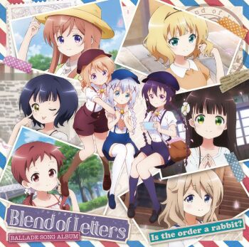 6+girls :p ;p age_difference album_cover aoyama_blue_mountain bag black_hair blonde_hair blue_eyes blue_hair braid brown_hair brown_hat brown_shoes child copyright_name cover flower gochuumon_wa_usagi_desu_ka? green_eyes hair_flower hair_ornament hat highres hoto_cocoa hoto_mocha jouga_maya kafuu_chino kirima_syaro kneehighs long_hair looking_at_viewer multiple_girls natsu_megumi official_art one_eye_closed outdoors photo_(object) purple_eyes purple_hair red_eyes red_hair shirt shoes short_hair short_sleeves shorts sitting smile socks stairs suspenders tedeza_rize thighhighs tongue tongue_out twin_braids twintails ujimatsu_chiya white_shirt x_hair_ornament yellow_eyes
