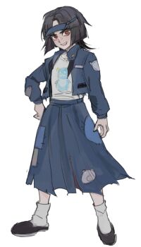 1girl anaizzzen bandaid bandaid_on_face bandaid_on_nose black_hair black_shoes blue_jacket blue_skirt bright_pupils commentary english_commentary full_body genderswap genderswap_(mtf) hand_on_own_hip jacket long_skirt long_sleeves maruko_gaku open_clothes open_jacket open_mouth parted_bangs patchwork_clothes pleated_skirt print_shirt red_eyes shirt shoes short_hair simple_background skirt smile socks solo the_hundred_line_-last_defense_academy- visor_cap white_background white_pupils white_shirt white_socks