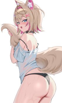 1girl absurdres animal_collar animal_ear_fluff animal_ears artist_logo ass ass_focus bandaid bandaid_hair_ornament black_collar black_panties blonde_hair blue_eyes blush bra_strap bra_visible_through_clothes breasts collar colored_inner_animal_ears commentary cowboy_shot crossed_bangs dog_ears dog_girl dog_tail double_strap_slip english_commentary fingernails from_side furrowed_brow gudanco_(nyanmeowzer) hair_between_eyes hair_ornament hairband highres hololive hololive_english hugging_own_tail hugging_tail logo long_fingernails looking_at_viewer mococo_abyssgard multicolored_hair nail_polish no_pants off_shoulder open_mouth panties parted_bangs pink_hair pink_hairband pink_nails see-through_clothes shirt short_hair short_sleeves simple_background small_breasts smile solo spiked_collar spikes standing streaked_hair sweat sweaty_clothes tail thong twitter_username two-tone_hair underwear virtual_youtuber white_background white_shirt x_hair_ornament