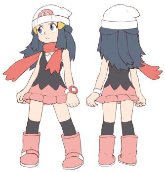 Rule 34 | 1girl, beachepisode, beanie, blue eyes, blue hair, boots, commentary, dawn (pokemon), english commentary, from behind, full body, hat, highres, long hair, looking at viewer, multiple views, nintendo, pokemon, pokemon dppt, red scarf, scarf, simple background, skirt, standing, thighhighs, white background