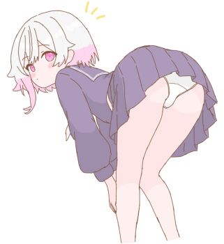 ass bent_over black_serafuku blush from_behind legs loli long_sleeves looking_back mahou_shoujo_no_majo_saiban multicolored_hair neckerchief pale_skin panties pink_eyes pink_hair sakuraba_ema school_uniform serafuku short_hair simple_background skirt tabedesuyo two-tone_hair underwear upskirt white_background white_hair white_neckerchief white_panties