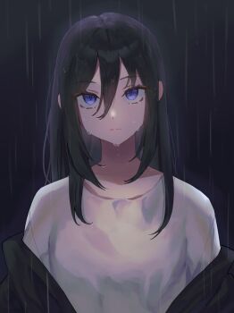 1girl arms_at_sides backlighting black_hair black_jacket black_sky closed_mouth commentary_request double-parted_bangs frown hair_between_eyes highres i.no jacket jacket_partially_removed long_hair looking_at_viewer night open_clothes open_jacket original purple_eyes rain shirt sidelocks sky solo straight-on straight_hair upper_body upturned_eyes wet wet_clothes wet_hair white_shirt