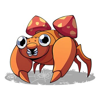 full_body gen_1_pokemon looking_at_viewer mistray-art mushroom nintendo no_humans open_mouth paras pokemon pokemon_(creature) signature simple_background solo white_background