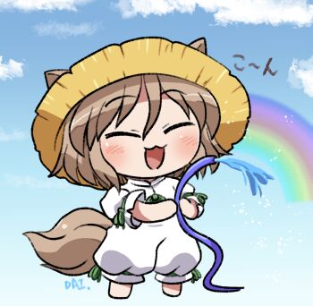 1girl :3 :d animal_ears barefoot blue_sky blush chibi chibi_only closed_eyes commentary_request day fox_ears fox_girl fox_tail full_body green_ribbon hat holding holding_hose hose ko~n kudamaki_tsukasa open_mouth outdoors rainbow ribbon rokugou_daisuke romper short_sleeves signature sky sleeve_ribbon smile solo standing tail touhou water white_romper yellow_hat