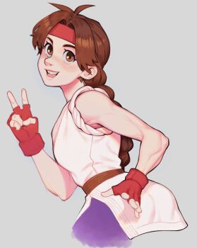 1girl ass bracelet braid brown_eyes brown_hair dougi effy_neprin female_focus from_behind hairband hands_up jewelry karate_gi leggings long_hair looking_at_viewer pale_skin pants skirt smile smiley_face the_king_of_fighters thick_thighs thighs yoga_pants yuri_sakazaki