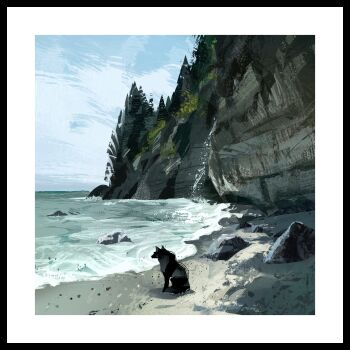 absurdres animal beach border clear_sky commentary day highres horizon mountainous_horizon nature no_humans original outdoors painterly scenery shore sitting sky surf twulfs white_border